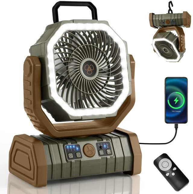 Main image of Odoland 30000mAh Camping Fan with LED Lantern, Rechargeable Battery Fan | Operated Oscillating Fan with Remote & Hook, Portable Tent Fan with Timer, 4 Speeds for Outdoor Camp RV Power Outage, Brown