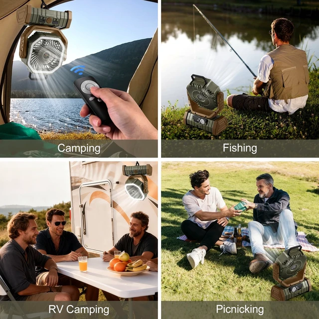 Alt view image 2 of 7 - Odoland 30000mAh Camping Fan with LED Lantern, Rechargeable Battery Fan | Operated Oscillating Fan with Remote & Hook, Portable Tent Fan with Timer, 4 Speeds for Outdoor Camp RV Power Outage, Brown