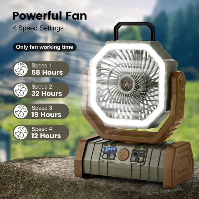 Alt view image 3 of 7 - Odoland 30000mAh Camping Fan with LED Lantern, Rechargeable Battery Fan | Operated Oscillating Fan with Remote & Hook, Portable Tent Fan with Timer, 4 Speeds for Outdoor Camp RV Power Outage, Brown
