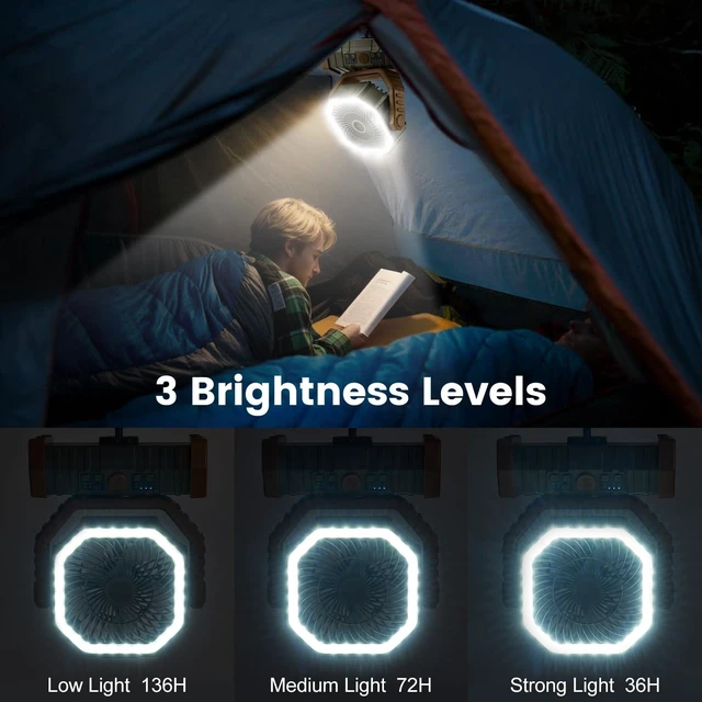 Alt view image 4 of 7 - Odoland 30000mAh Camping Fan with LED Lantern, Rechargeable Battery Fan | Operated Oscillating Fan with Remote & Hook, Portable Tent Fan with Timer, 4 Speeds for Outdoor Camp RV Power Outage, Brown