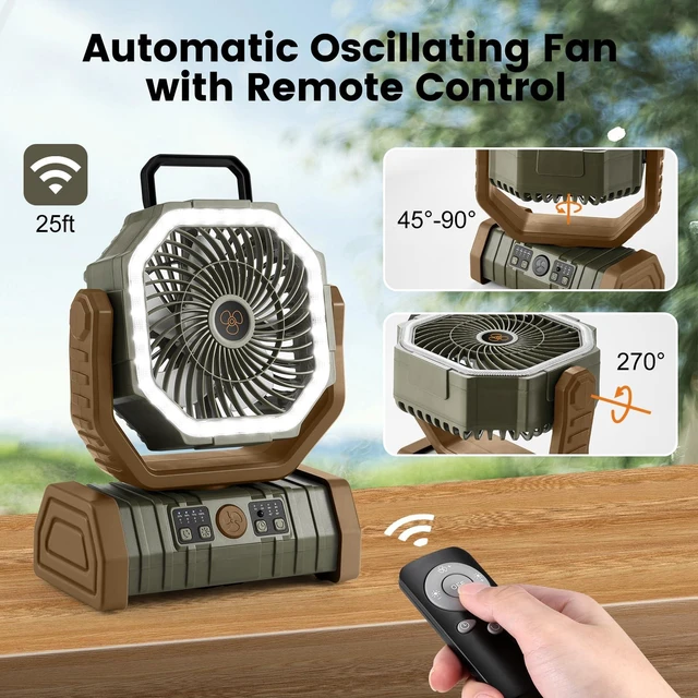 Alt view image 6 of 7 - Odoland 30000mAh Camping Fan with LED Lantern, Rechargeable Battery Fan | Operated Oscillating Fan with Remote & Hook, Portable Tent Fan with Timer, 4 Speeds for Outdoor Camp RV Power Outage, Brown