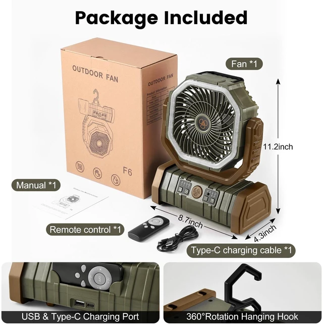 Alt view image 7 of 7 - Odoland 30000mAh Camping Fan with LED Lantern, Rechargeable Battery Fan | Operated Oscillating Fan with Remote & Hook, Portable Tent Fan with Timer, 4 Speeds for Outdoor Camp RV Power Outage, Brown
