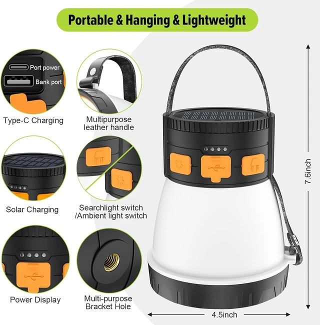 Alt view image 4 of 7 - 2 Pack 1500LM Camping Lantern Rechargeable, LED Camping Lantern Flashlight | Solar Lantern, 7500mAh Power Bank, Waterproof, 8 Light Modes, Lanterns for Power Outages, Hurricane Emergency