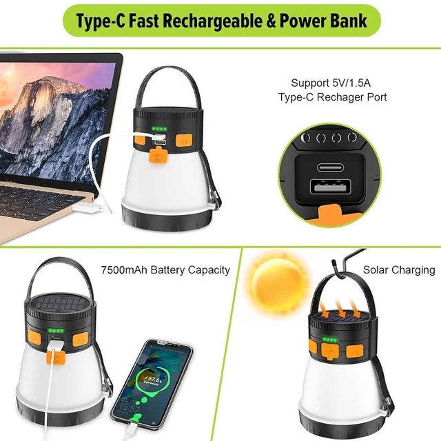 Alt view image 6 of 7 - 2 Pack 1500LM Camping Lantern Rechargeable, LED Camping Lantern Flashlight | Solar Lantern, 7500mAh Power Bank, Waterproof, 8 Light Modes, Lanterns for Power Outages, Hurricane Emergency
