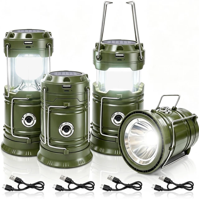 Main image of DIBMS 4-Pack Solar Camping Lantern, Collapsible Flashlight Emergency Lights | LED Solar USB Rechargeable Lamp Tent Hanging Lights Survival Kits for Hurricanes Power Outages Indoor Outdoor (Army Green)