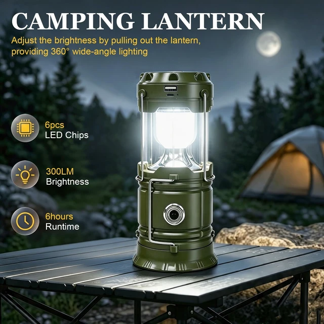Alt view image 2 of 7 - DIBMS 4-Pack Solar Camping Lantern, Collapsible Flashlight Emergency Lights | LED Solar USB Rechargeable Lamp Tent Hanging Lights Survival Kits for Hurricanes Power Outages Indoor Outdoor (Army Green)