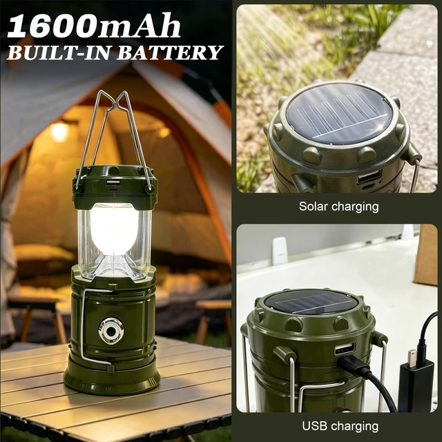 Alt view image 5 of 7 - DIBMS 4-Pack Solar Camping Lantern, Collapsible Flashlight Emergency Lights | LED Solar USB Rechargeable Lamp Tent Hanging Lights Survival Kits for Hurricanes Power Outages Indoor Outdoor (Army Green)