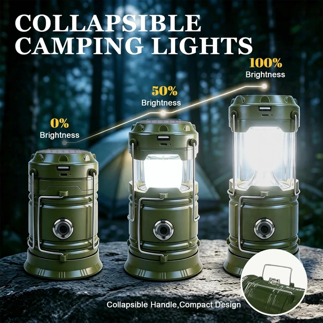 Alt view image 6 of 7 - DIBMS 4-Pack Solar Camping Lantern, Collapsible Flashlight Emergency Lights | LED Solar USB Rechargeable Lamp Tent Hanging Lights Survival Kits for Hurricanes Power Outages Indoor Outdoor (Army Green)