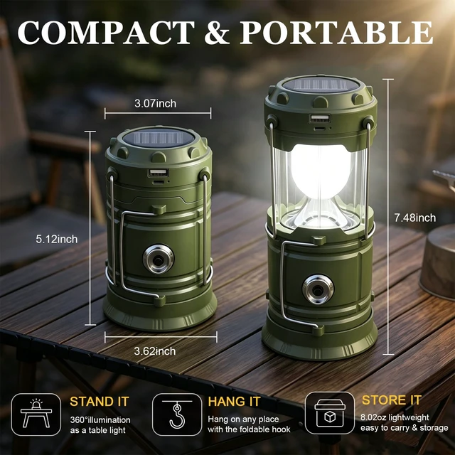 Alt view image 7 of 7 - DIBMS 4-Pack Solar Camping Lantern, Collapsible Flashlight Emergency Lights | LED Solar USB Rechargeable Lamp Tent Hanging Lights Survival Kits for Hurricanes Power Outages Indoor Outdoor (Army Green)