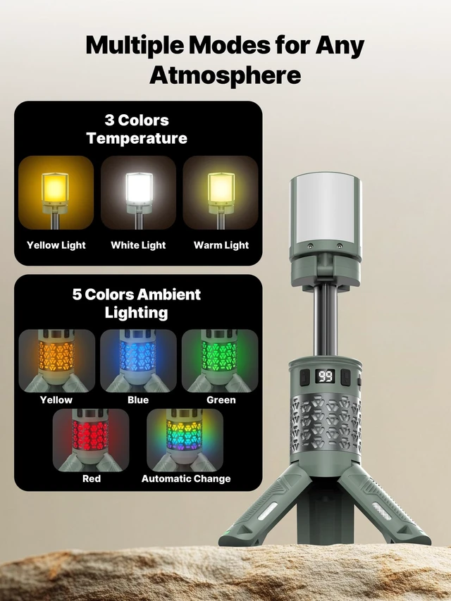 Alt view image 2 of 7 - OGERY Rechargeable Camping Lights - 13500mAh Camping Light with Stand, RGB | 7-Stage Pole Up to 39.5 in, 3 Color Temperatures, 5 RGB Modes, Magnetic Base & Flashlight for Camping, Hiking & Emergency