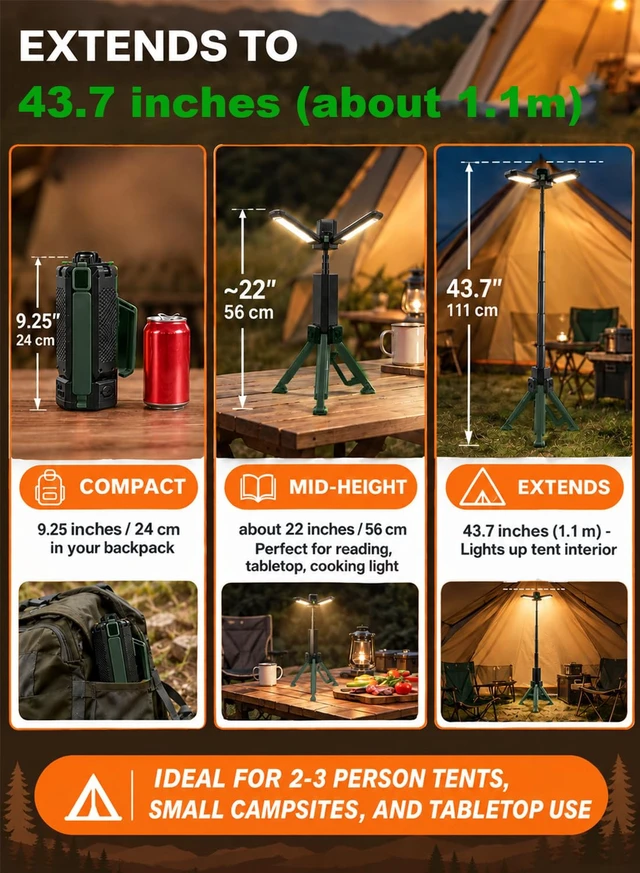 Alt view image 3 of 7 - CuLiDing Telescopic Camping Light, 2500 Lumen, 15000mAh Rechargeable, Green | Extends to 43.7 in (1.1 m), Telescopic tripod base · Dual-zone dimmable · 3 color temperatures (3000K/4500K/6000K)