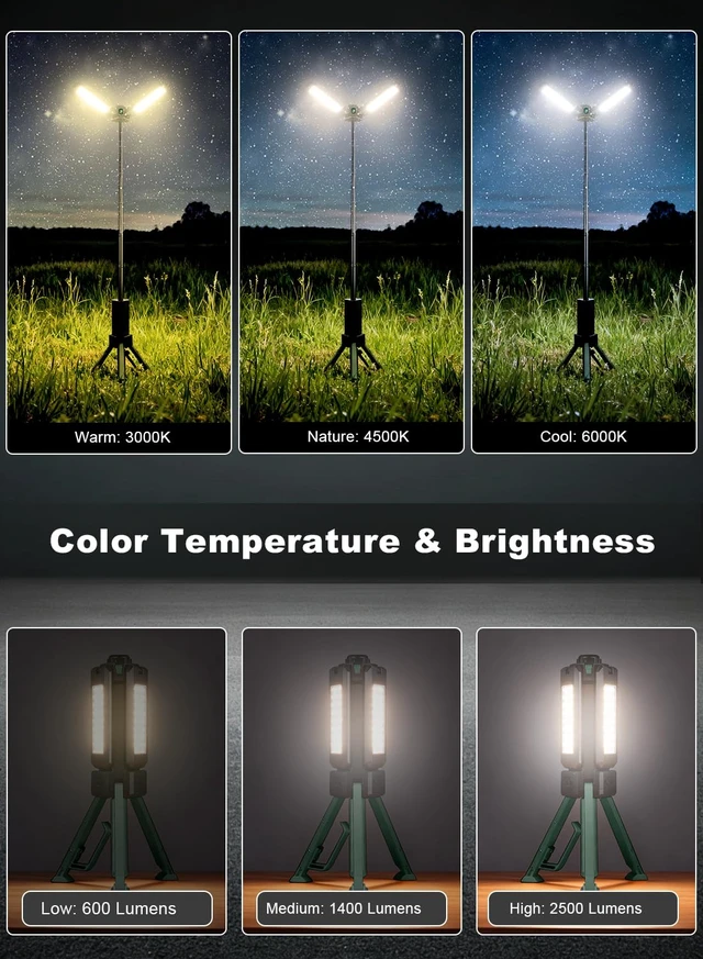 Alt view image 4 of 7 - CuLiDing Telescopic Camping Light, 2500 Lumen, 15000mAh Rechargeable, Green | Extends to 43.7 in (1.1 m), Telescopic tripod base · Dual-zone dimmable · 3 color temperatures (3000K/4500K/6000K)