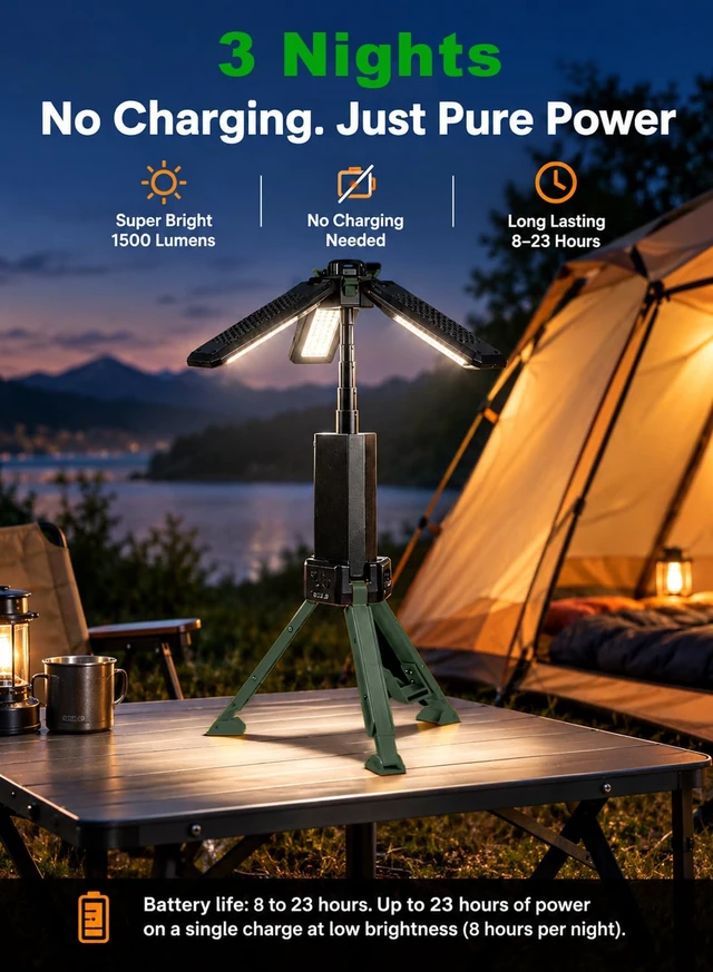 Alt view image 5 of 7 - CuLiDing Telescopic Camping Light, 2500 Lumen, 15000mAh Rechargeable, Green | Extends to 43.7 in (1.1 m), Telescopic tripod base · Dual-zone dimmable · 3 color temperatures (3000K/4500K/6000K)