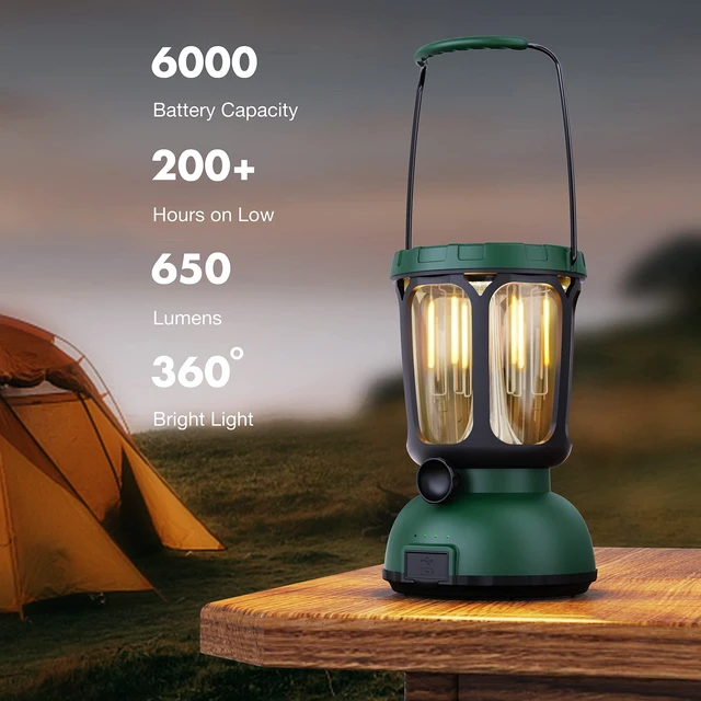 Alt view image 2 of 7 - Raynic 6000 LED Camping Lantern, 650LM Hand Crank Solar Battery Powered Rechargeable Lantern, Emergency Lights for Home Power Failure, Hurricane, USB Cable Included