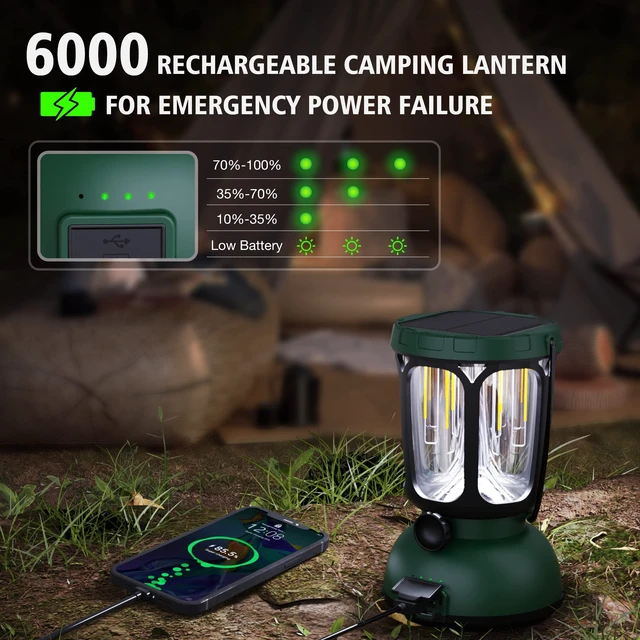 Alt view image 3 of 7 - Raynic 6000 LED Camping Lantern, 650LM Hand Crank Solar Battery Powered Rechargeable Lantern, Emergency Lights for Home Power Failure, Hurricane, USB Cable Included