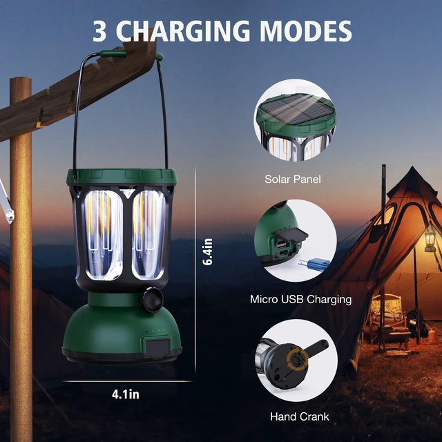 Alt view image 5 of 7 - Raynic 6000 LED Camping Lantern, 650LM Hand Crank Solar Battery Powered Rechargeable Lantern, Emergency Lights for Home Power Failure, Hurricane, USB Cable Included