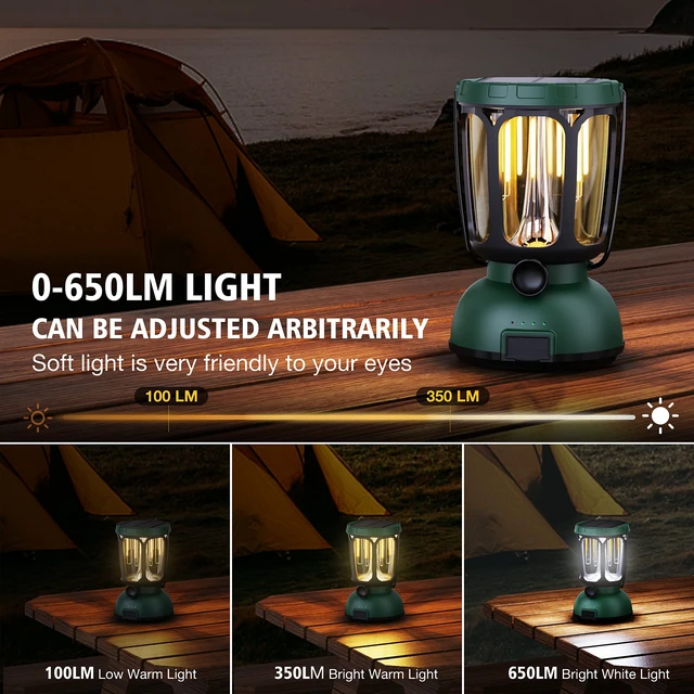 Alt view image 4 of 7 - Raynic 6000 LED Camping Lantern, 650LM Hand Crank Solar Battery Powered Rechargeable Lantern, Emergency Lights for Home Power Failure, Hurricane, USB Cable Included