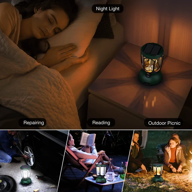 Alt view image 6 of 7 - Raynic 6000 LED Camping Lantern, 650LM Hand Crank Solar Battery Powered Rechargeable Lantern, Emergency Lights for Home Power Failure, Hurricane, USB Cable Included
