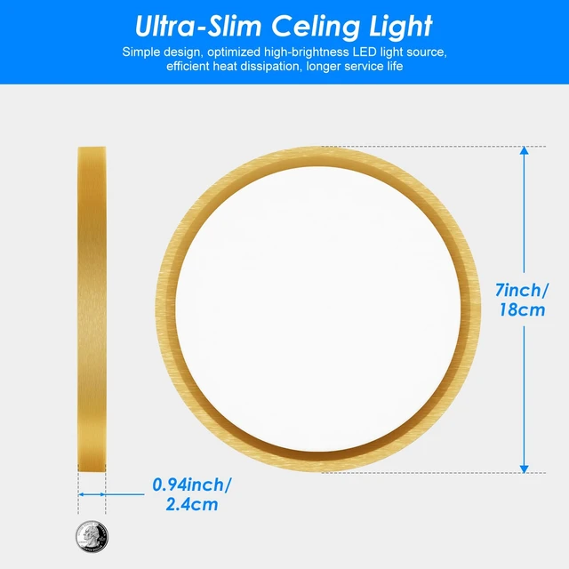 Alt view image 4 of 7 - Peasur 7 Inch LED Ceiling Light Gold, Small 15W Slim Flush Mount Ceiling Light 3000K/4000K/6500K Adjustable, Modern Round Ceiling Lighting for Bedroom, Living Room, Kitchen 1Pack
