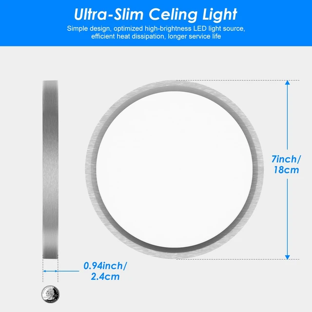Alt view image 4 of 7 - Peasur 7 Inch Satin Round Lighting Brushed Nickel, 15W LED Slim Flush Mount Ceiling Light,3000K/4000K/6500K Adjustable, Modern LED Ceiling Light for Bedroom, Living Room and Kitchen(2-Pack)