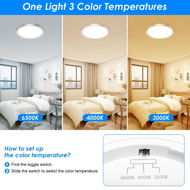 Alt view image 3 of 7 - Peasur 7 Inch Satin Round Lighting Brushed Nickel, 15W LED Slim Flush Mount Ceiling Light,3000K/4000K/6500K Adjustable, Modern LED Ceiling Light for Bedroom, Living Room and Kitchen(2-Pack)