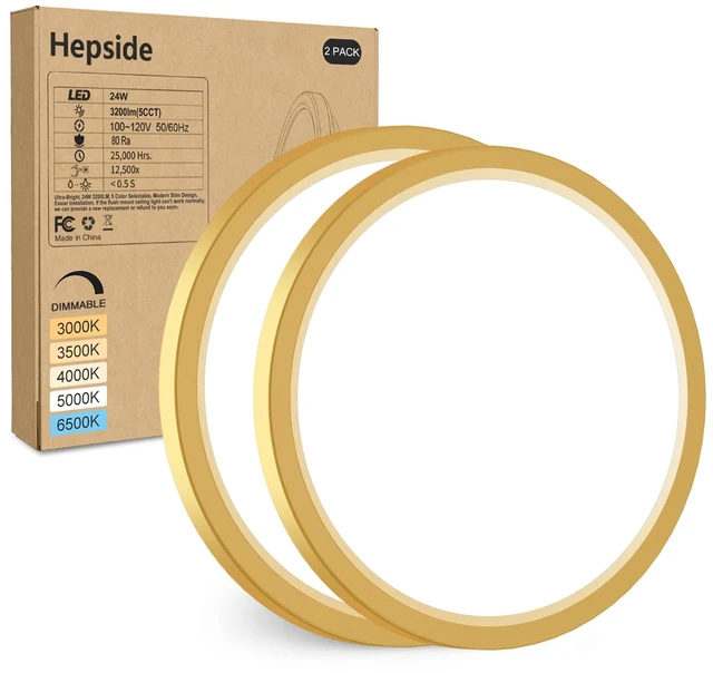 Main image of hepside 2Pack LED Flush Mount Ceiling Light Fixture Golden, 12Inch 24W, Dimmable&3000K-6500K Adjustable Low Profile Ceiling Lights, 3200LM Modern Lamp for Kitchen, Bedroom, Porch, Hallway