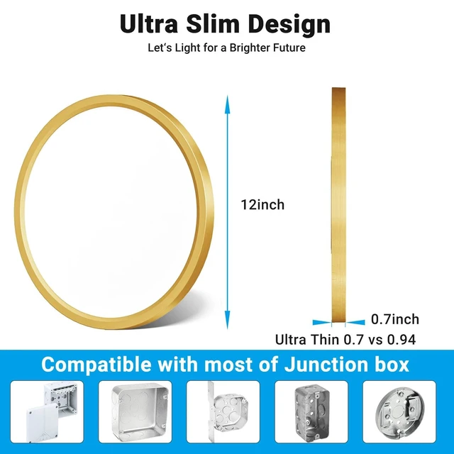 Alt view image 6 of 7 - Fairdeer 2 Pack LED Flush Mount Ceiling Light,12Inch 24W,3000K/3500K/4000K/5000K/6500K 5 Color Temperatures Ceiling Light Fixture for Kitchen Porch Hallway Bedroom Bathroom and Closet,Gold