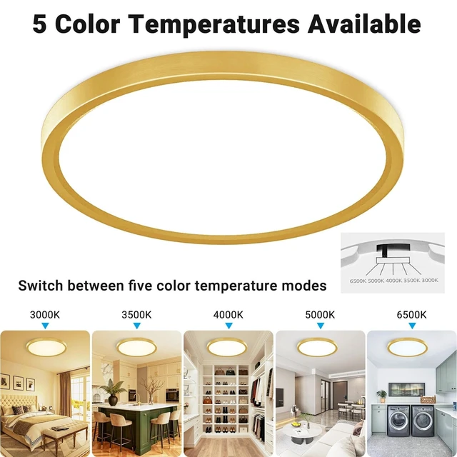 Alt view image 3 of 7 - Fairdeer 2 Pack LED Flush Mount Ceiling Light,12Inch 24W,3000K/3500K/4000K/5000K/6500K 5 Color Temperatures Ceiling Light Fixture for Kitchen Porch Hallway Bedroom Bathroom and Closet,Gold