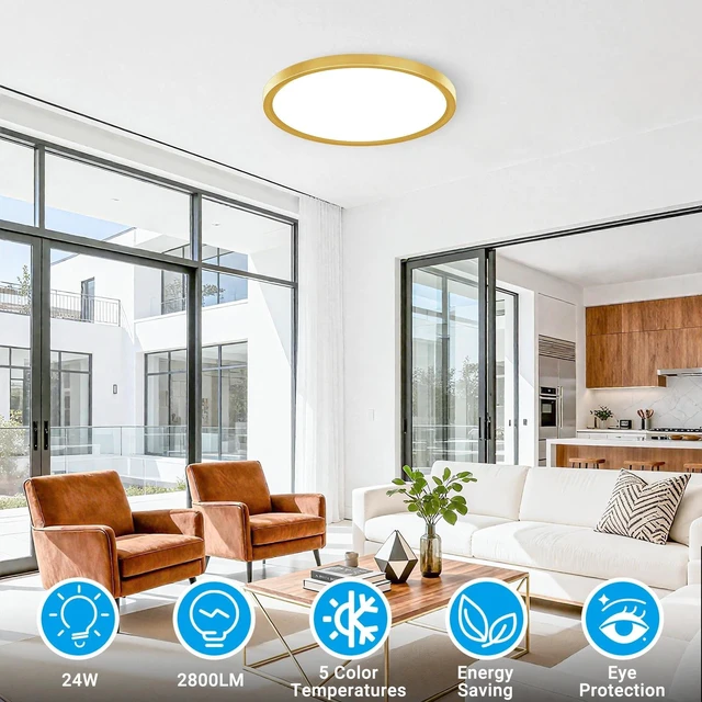 Alt view image 2 of 7 - Fairdeer 2 Pack LED Flush Mount Ceiling Light,12Inch 24W,3000K/3500K/4000K/5000K/6500K 5 Color Temperatures Ceiling Light Fixture for Kitchen Porch Hallway Bedroom Bathroom and Closet,Gold