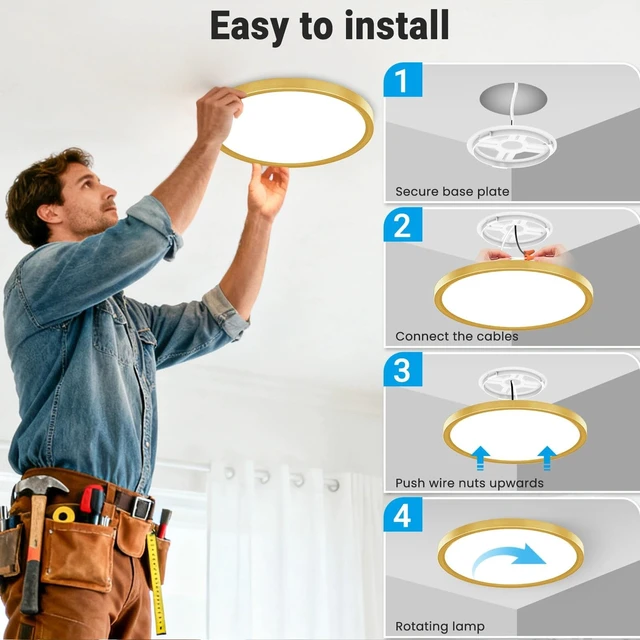 Alt view image 7 of 7 - Fairdeer 2 Pack LED Flush Mount Ceiling Light,12Inch 24W,3000K/3500K/4000K/5000K/6500K 5 Color Temperatures Ceiling Light Fixture for Kitchen Porch Hallway Bedroom Bathroom and Closet,Gold