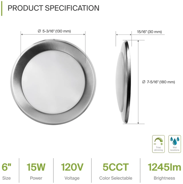 Alt view image 2 of 7 - ASD 1 Pack Nickel LED Disk Lights 6 Inch, 5CCT Flush Mount Ceiling Light | 15W 2700K-5000K 1245LM Dimmable Surface Mount Disk Light, CRI90+ 6 Inch LED Ceiling Light, Low Profile Disc Lights, UL