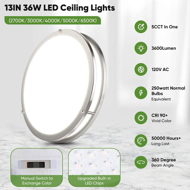 Alt view image 6 of 7 - 36W LED Ceiling Lights 3600lm Super Bright, Flush Mount Light Fixtures | Dimmable, 6500K/5000K/4000K/3000K/2700K Adjusted Modern Ceiling Lights 2PACK, 13in Ceiling Lamps for Bedroom Kitchen, Nickle