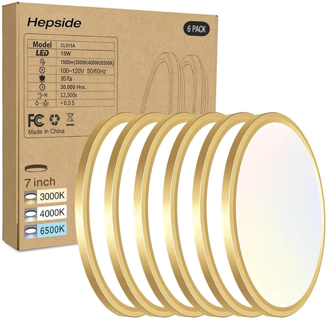 Main image of hepside 6PACK LED Flush Mount Ceiling Light, 3000K-4000K-6500K & 100W Equivalent Modern Kitchen Recessed Ceiling Lamp 15W 1500Lm 7 Inch for Bathroom Closet Laundry Bedroom