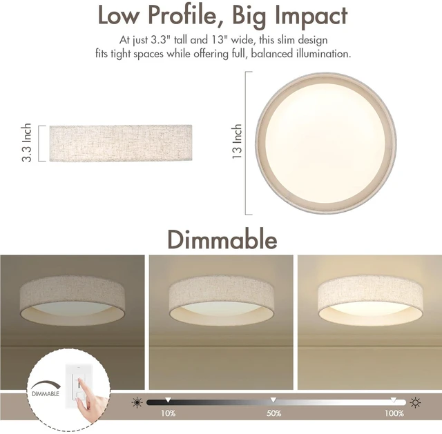 Alt view image 2 of 7 - HILUXIA Modern Linen LED 13 Inch Ceiling Light Fixture with 24W 5CCT, Flush Mount Low Profile Room Lamp, Dimmable Minimalist Lighting for Bedroom, Kitchen, Hallway, Closet, Entryway