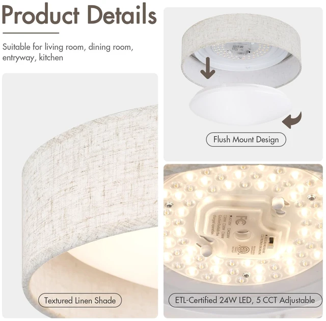 Alt view image 4 of 7 - HILUXIA Modern Linen LED 13 Inch Ceiling Light Fixture with 24W 5CCT, Flush Mount Low Profile Room Lamp, Dimmable Minimalist Lighting for Bedroom, Kitchen, Hallway, Closet, Entryway