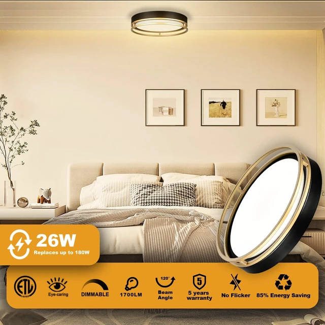 Alt view image 3 of 7 - Flynix 12.5 Inch LED Flush Mount Ceiling Light Fixture, 26W, Super Bright 1700 Lumens, 3 Color 3000K/4000K/5000K, Dimmable Ceiling Lamp for Bedroom Hallway Bathroom Kitchen Laundry (Black Gold)