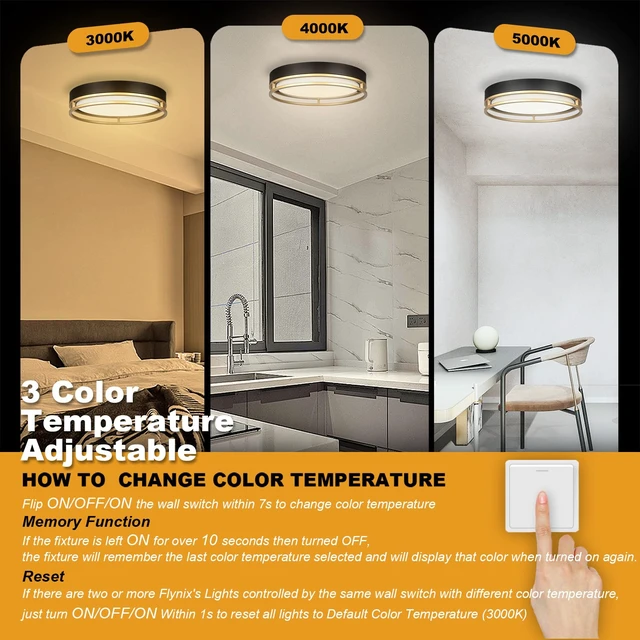 Alt view image 4 of 7 - Flynix 12.5 Inch LED Flush Mount Ceiling Light Fixture, 26W, Super Bright 1700 Lumens, 3 Color 3000K/4000K/5000K, Dimmable Ceiling Lamp for Bedroom Hallway Bathroom Kitchen Laundry (Black Gold)
