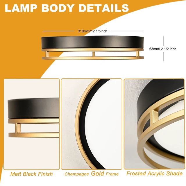 Alt view image 6 of 7 - Flynix 12.5 Inch LED Flush Mount Ceiling Light Fixture, 26W, Super Bright 1700 Lumens, 3 Color 3000K/4000K/5000K, Dimmable Ceiling Lamp for Bedroom Hallway Bathroom Kitchen Laundry (Black Gold)