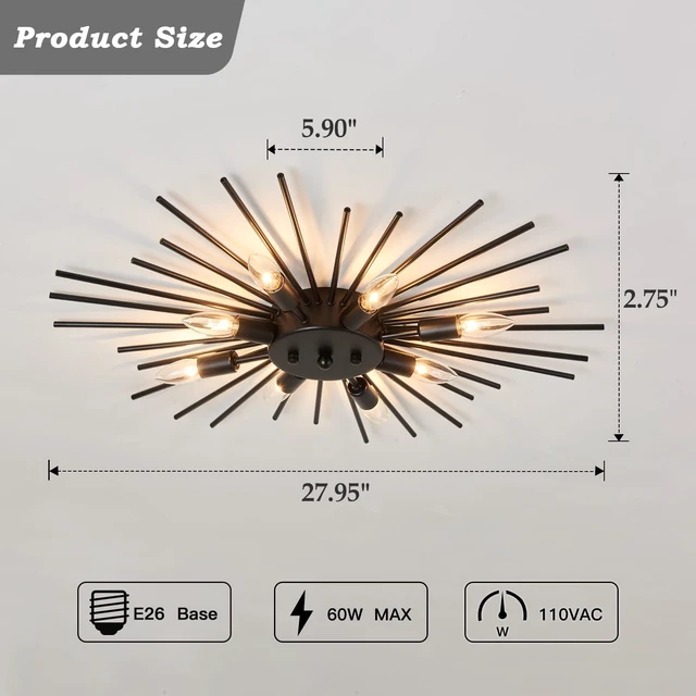Alt view image 2 of 7 - ZGLAOJT Semi Flush Mount 8 Light Ceiling Light Modern Metal Ceiling Lighting Black Light Fixture for Farmhouse Kitchen Dining Room Bedroom Hallway Living Room.