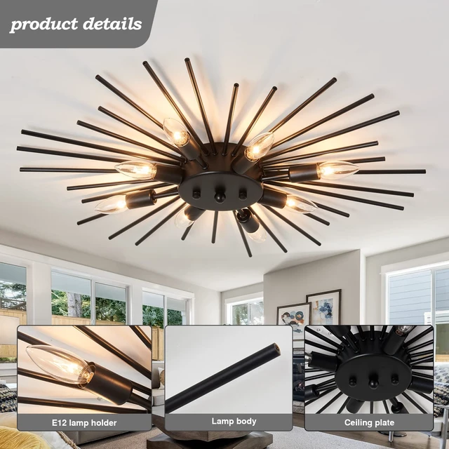 Alt view image 3 of 7 - ZGLAOJT Semi Flush Mount 8 Light Ceiling Light Modern Metal Ceiling Lighting Black Light Fixture for Farmhouse Kitchen Dining Room Bedroom Hallway Living Room.