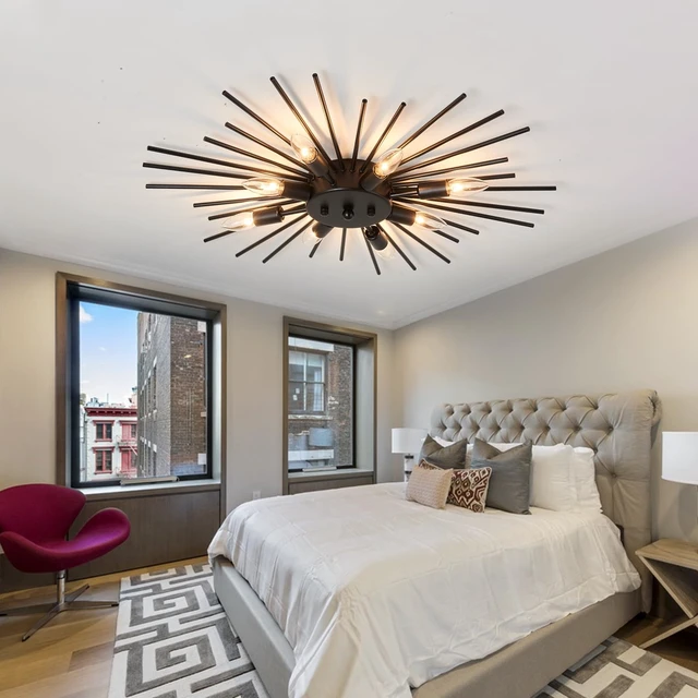 Alt view image 7 of 7 - ZGLAOJT Semi Flush Mount 8 Light Ceiling Light Modern Metal Ceiling Lighting Black Light Fixture for Farmhouse Kitchen Dining Room Bedroom Hallway Living Room.