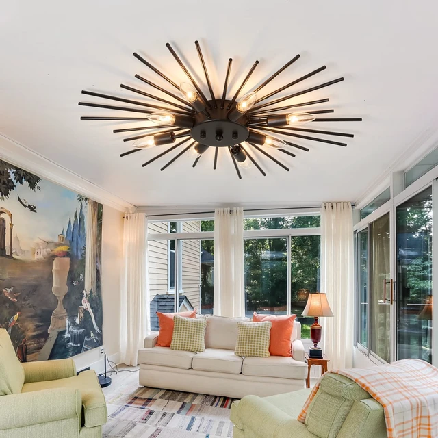 Alt view image 6 of 7 - ZGLAOJT Semi Flush Mount 8 Light Ceiling Light Modern Metal Ceiling Lighting Black Light Fixture for Farmhouse Kitchen Dining Room Bedroom Hallway Living Room.