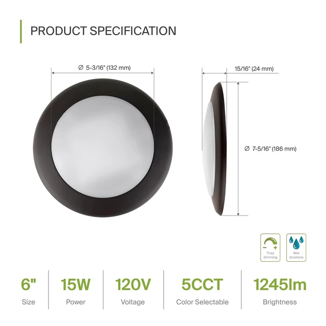 Alt view image 2 of 7 - ASD 1 Pack Bronze LED Disk Lights 6 Inch, 5CCT Flush Mount Ceiling Light | 15W 2700K-5000K 1245LM Dimmable Surface Mount Disk Light, CRI90+ 6 Inch LED Ceiling Light, Low Profile Disc Lights, UL