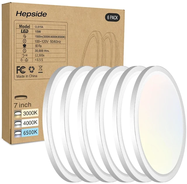Main image of hepside 6PACK LED Flush Mount Ceiling Light, 3000K-4000K-6500K & 100W Equivalent Modern Kitchen Recessed Ceiling Lamp 15W 1500Lm 7 Inch for Bathroom Closet Laundry Bedroom Hallway, White