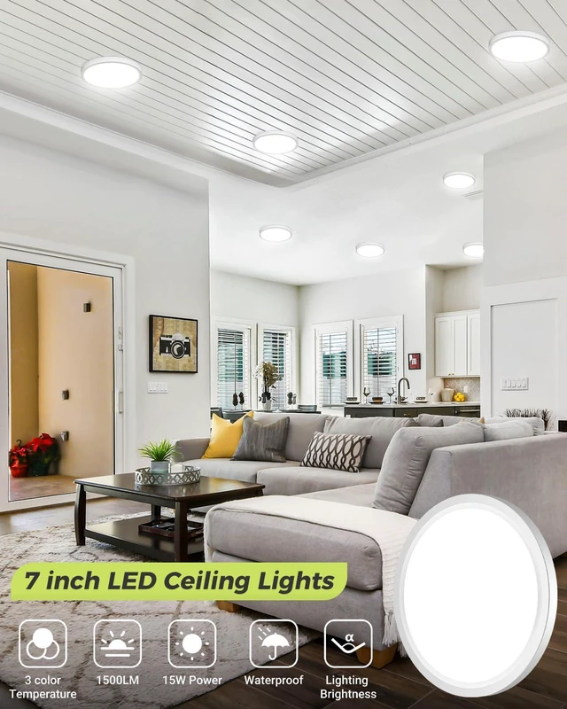 Alt view image 2 of 5 - hepside 6PACK LED Flush Mount Ceiling Light, 3000K-4000K-6500K & 100W Equivalent Modern Kitchen Recessed Ceiling Lamp 15W 1500Lm 7 Inch for Bathroom Closet Laundry Bedroom Hallway, White