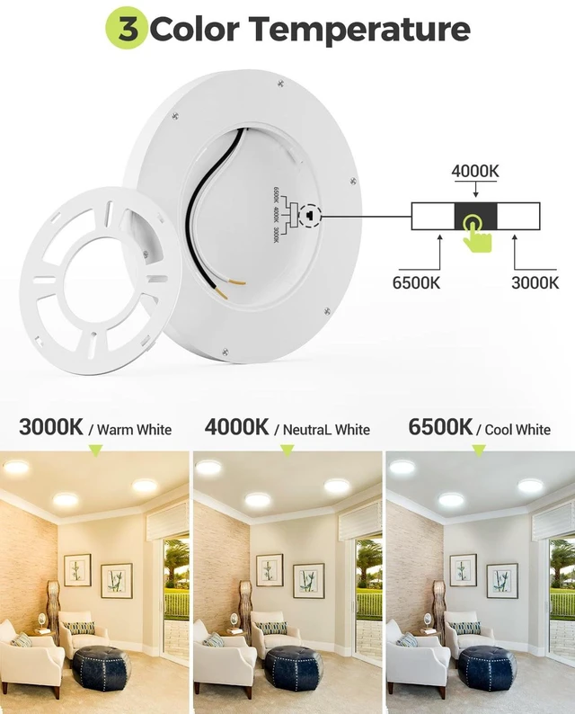 Alt view image 3 of 5 - hepside 6PACK LED Flush Mount Ceiling Light, 3000K-4000K-6500K & 100W Equivalent Modern Kitchen Recessed Ceiling Lamp 15W 1500Lm 7 Inch for Bathroom Closet Laundry Bedroom Hallway, White