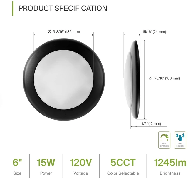 Alt view image 2 of 7 - ASD 12 Pack Black LED Disk Lights 6 Inch, 5CCT Flush Mount Ceiling Light | 15W 2700K-5000K 1245LM Dimmable Surface Mount Disk Light, 6 Inch LED Ceiling Light, Low Profile Disc Lights, UL Energy Star