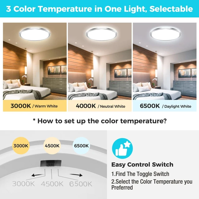 Alt view image 4 of 7 - libtit 6Pack Led Ceiling Light 13Inch, 24W 2400Lm Bright Light Fixture Brushed Nickel, Adjustable 3000K/4500K/6000K, Modern Slim Flat Ceiling Lamp for Living Room Bedroom Hallway
