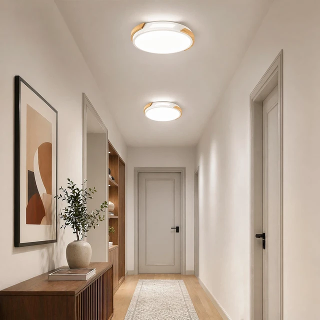 Alt view image 2 of 7 - Modern LED Ceiling Light, Wood Dimmable Flush Mount Ceiling Light Fixture | Minimalist Round 5CCT Lighting Lamp with Acrylic Lampshade for Bedroom Hallway Laundry, White 11.8"