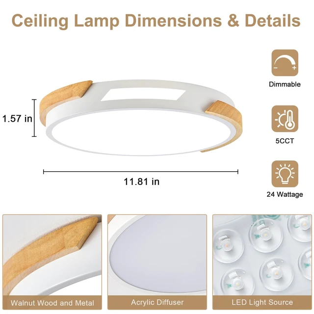 Alt view image 4 of 7 - Modern LED Ceiling Light, Wood Dimmable Flush Mount Ceiling Light Fixture | Minimalist Round 5CCT Lighting Lamp with Acrylic Lampshade for Bedroom Hallway Laundry, White 11.8"